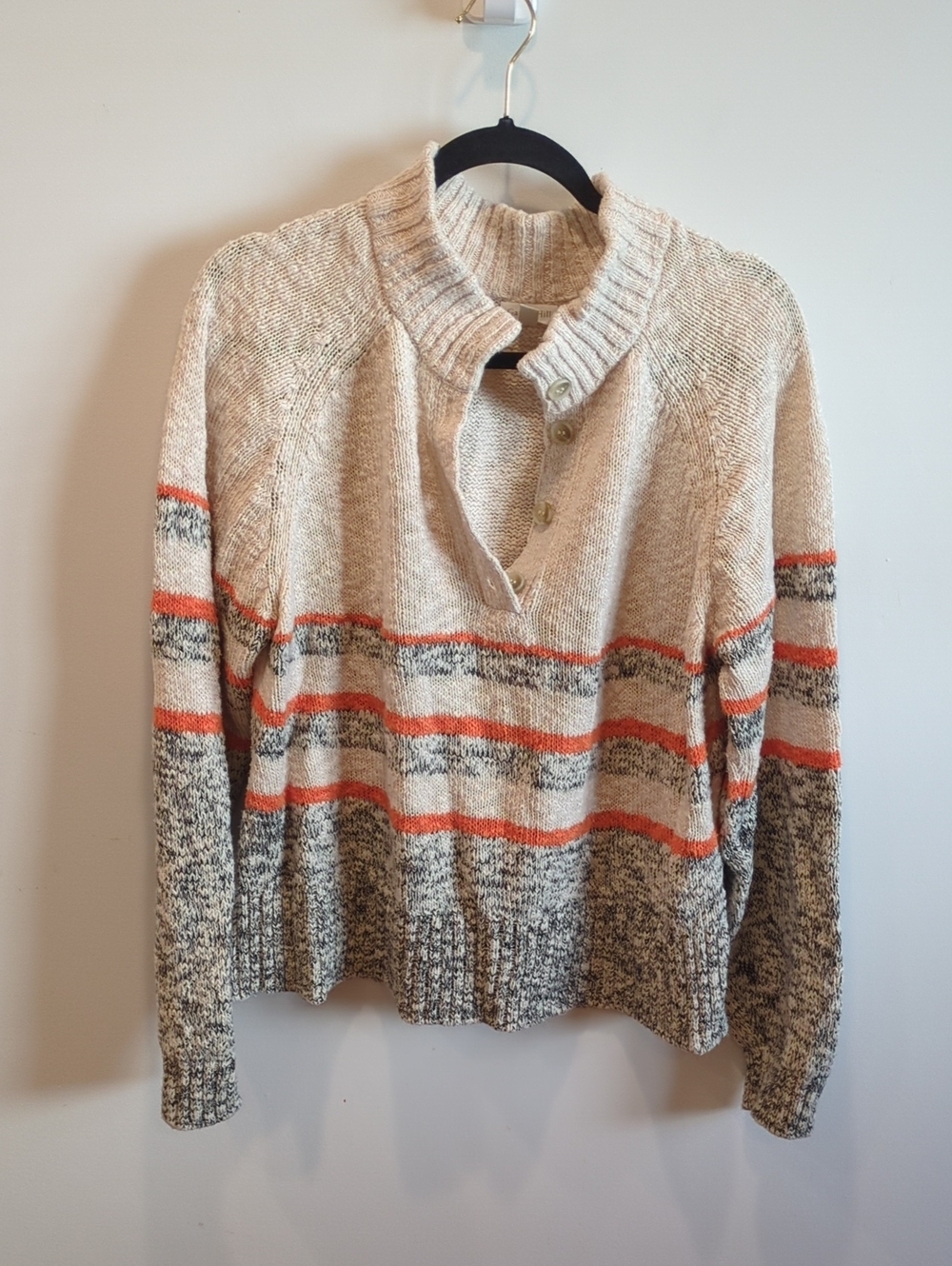 Granola Coastal Preppy Garnet Hill Organic Cotton Cream Gray Orange Sweater Lg